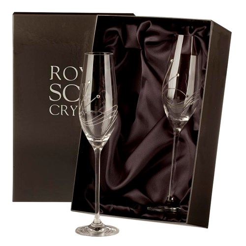 2 Royal Scot Crystal Champagne Flutes - Diamante - PRESENTATION BOXED